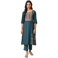 W for Woman Teal Printed A-line Mock Layer Kurta_23FEW18161-118736_S