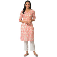 Aurelia Orange Floral Printed Printed Cotton Regular Kurta for Women