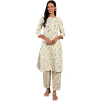 W Ecru Floral Printed Lace Cotton Kurta and Pant Set for Women