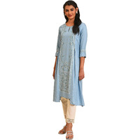 W for Woman Blue Glitter Printed A-line Kurta_23FEW18651-120060_XS