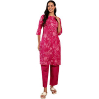 W For Woman Floral Printed Straight Pure Cotton Kurta Co-Rd Set | Lightweight Round Neck Kurta For Women Cotton |Printed Kurta Set For Women | Soft & Breathable Regular Fit Kurta Set For Women