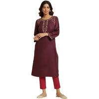 W Purple Floral Printed Regular Zari Kurta for Women