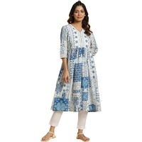 W For Woman W For Womanhite Geometric Printed Cotton Regular Kurta with Shell Buttons