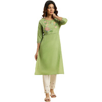 W For Woman Green Cotton Floral Printed Regular Kurta with Lace Detail