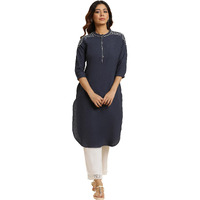 W For Woman Blue Cotton Thread W For Womanork Straight-Long Self-Design Kurta