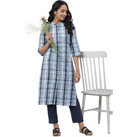 Aurelia Blue Checked Cotton Regular Kurta for Women