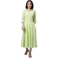 Aurelia Women's Green Leaf Print Cotton Anarkali Kurta