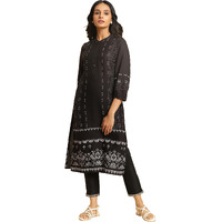 W For Woman Black Geometric Printed Straight Long Kurta