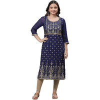 Aurelia Women's Blue Foil Lace Straight Long Kurta