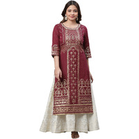 Aurelia Maroon Geometric Printed Printed Lace Cotton Regular Kurta for Women