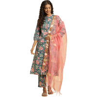 W for Woman Women's Cotton Blend Kurta, Straight Pant & Dupatta (23AUWS10161-122807_Deep Teal Blue