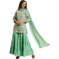 W Women's Green Floral Printed Cotton Kurta Dupatta Bottomwear with Mirror Work