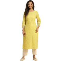 W For Woman Yellow Geometric Printed Cotton Straight Long Glitter Zari Kurta