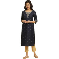 W For Woman Blue Floral Printed Straight-Long Kurta with Metallic Embroidery