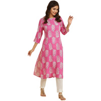 W Pink Floral Printed Rayon Straight Long Kurta for Women