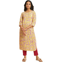 W For Woman Yellow Floral Printed Cotton Straight Long Kurta with Lace