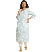 W Blue Floral Printed Cotton Straight Long Lace Kurta for Women
