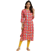 W Red Paisley Printed Rayon Straight Long Kurta for Women