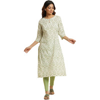 W Ecru Paisley Printed Print Cotton Straight Long Kurta for Women