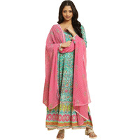 W Women's Green Floral Printed Kurta Dupatta Bottomwear with Thread Work