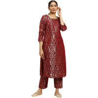 W Women's Red Floral Printed Rayon Kurta and Pant Set with Metallic Embroidery