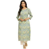 W for Woman Women's Cotton Floral Regular Kurta (24FEW10768-123511_Light Green