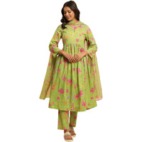 W for Woman W Women Green Floral Print Cotton Kurta, Straight Pant & Dupatta_24FEWS10584-123209_S
