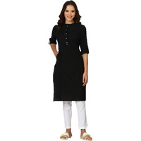 W for Woman Black Solid Cotton Blend Straight Kurta (Size: M)-24ONW12285-222983