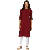 W for Woman Maroon Solid Cotton Blend Straight Kurta (Size: S)-24ONW12285-222984