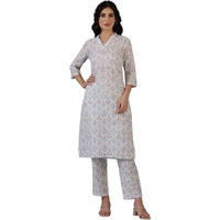 W for Woman Off-White Floral Printed Pure Cotton Straight Kurta and Pants Co-ord Set (Size: M)-WS12337-125452