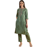 W for Woman Light Green Embroidered Shantung Straight Kurta (Size: L)-W12309-217974
