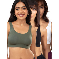 NYKD Soft Cup Easy Peasy Slip On Everyday Bra for Women, Wireless, Full Coverage, Support Shaper, Non Padded Sports Bra- NYB113,Beetle Green/Black/White,S,PO3