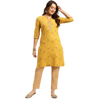 rangita Yellow Cotton Knee Length Printed Straight Kurti for Women | Kurta for Women_L