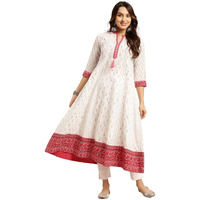 rangita Women 100% Cotton Off White Contrast Placket Ikat Printed Calf Length Anarkali Kurti