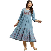 rangita Light Blue Cotton Calf Length Embroidered Anarkali Kurti for Women | Kurta for Women_2XL