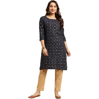 rangita Navy Rayon Calf Length Printed Straight Kurti for Women | Kurta for Women_XL