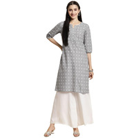 rangita Light Grey Cotton Knee Length Printed Straight Kurti for Women | Kurta for Women_M