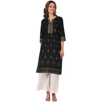 rangita Black Cotton Knee Length Printed Straight Kurti for Women | Kurta for Women_XL