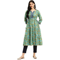 rangita Mint Green Rayon Calf Length Printed Tiered Flared Kurti for Women | Kurta for Women_3XL