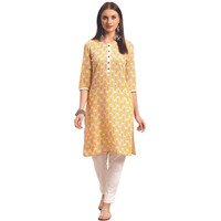 rangita Yellow Cotton Knee Length Printed Straight Kurti for Women | Kurta for Women_L