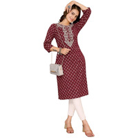rangita Maroon Cotton Calf Length Embroidered Straight Kurti for Women | Kurta for Women_M
