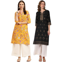 rangita Black & Yellow 100% Cotton Knee Length Printed Straight Kurti for Women | Kurta for Women_S (Pack of 2)
