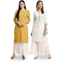 rangita White & Yellow Rayon Knee Length Printed Straight Kurti for Women | Kurta for Women_2XL (Pack of 2)