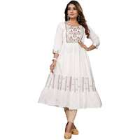 rangita Off White Rayon Calf Length Embroidered Tiered Flared Kurti | Kurta for Women_XL