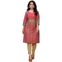 rangita Red Cotton Knee Length Embroidered Straight Kurti | Kurta for Women_M