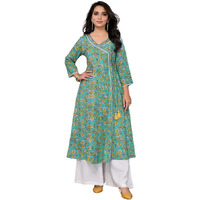 rangita Green Rayon Calf Length Printed Angarakha Kurti | Kurta for Women_M