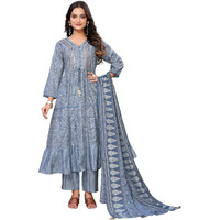 rangita Grey Silk Blend Embroidered Calf Length Flared Kurta with Pant and Dupatta | Kurta Set For Women_XL