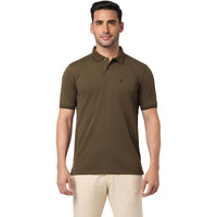 Peter England Men's Premium Branded Regular Fit Half Sleeve Polo T-Shirt with Pocket | Cotton Rich | Birds Eye Interlock Weave Olive