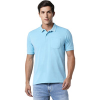 Peter England Men's Premium Branded Regular Fit Half Sleeve Polo T-Shirt with Pocket | Cotton Rich | Birds Eye Interlock Weave Sky Blue