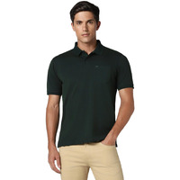 Peter England Men's Premium Branded Regular Fit Half Sleeve Polo T-Shirt with Pocket | Cotton Rich | Birds Eye Interlock Weave Dark Green
